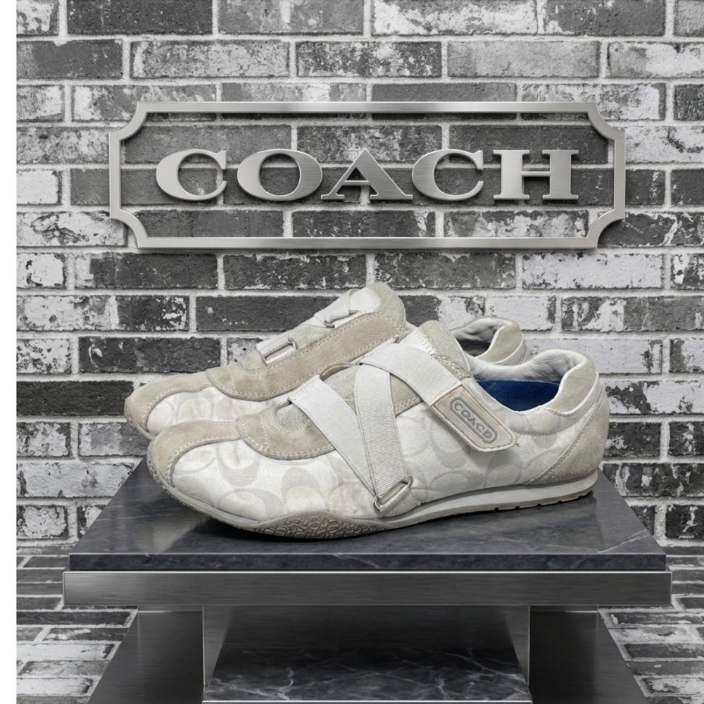 Coach Kyrie Signature 🖤Jacquard Suede Strap Sneakers Beige White A1195 7M